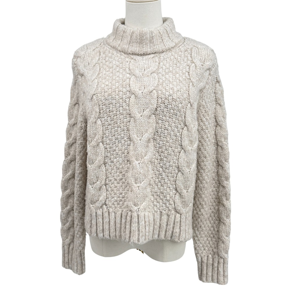 Chunky Cable Knit Mock Neck Sweater‎ Beige Oatmeal Heather Long Sleeve Textured - Picture 2 of 9